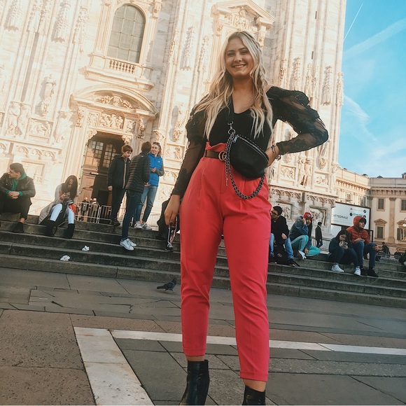 Pink paper bag waist trouser with belt - Picture 1 of 5